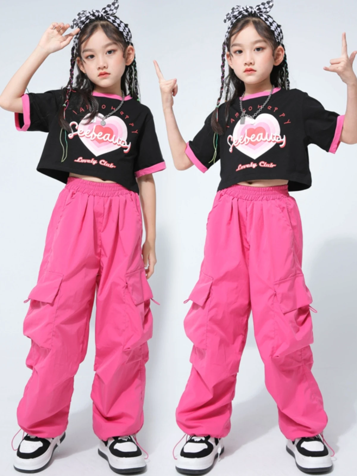 

Girls Jazz Dance Clothes Short Sleeves Tops Pink Hip Hop Pants Kids Cheerlead Dance Practice Performance Suit Rave Wear BL12966