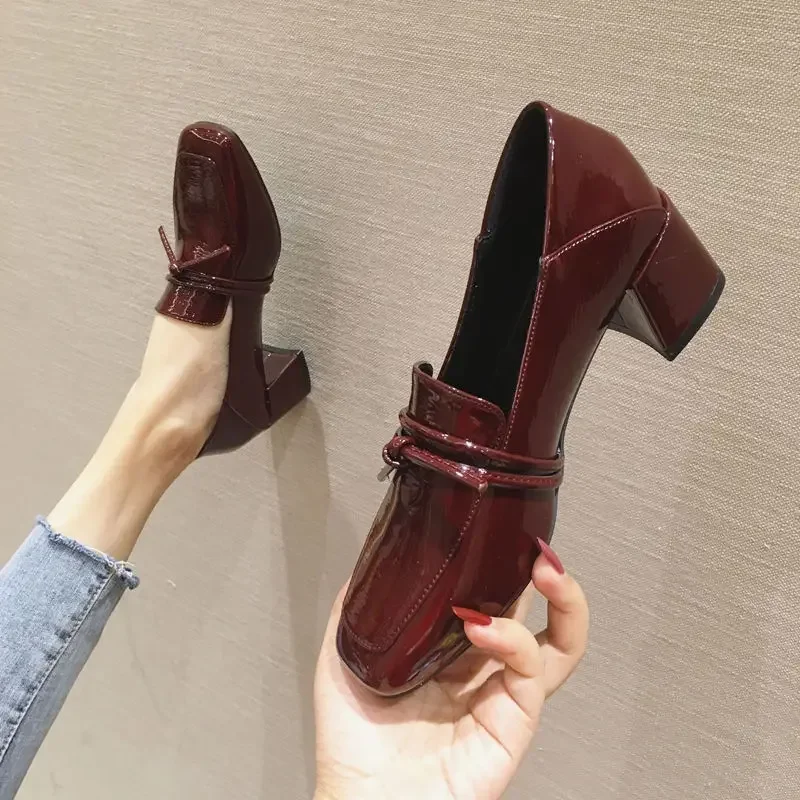 Square Toe with Medium Heels Normal Leather Casual Woman Footwear Block Heel Shoes for Women Chunky Loafers Black E Wholesale 39