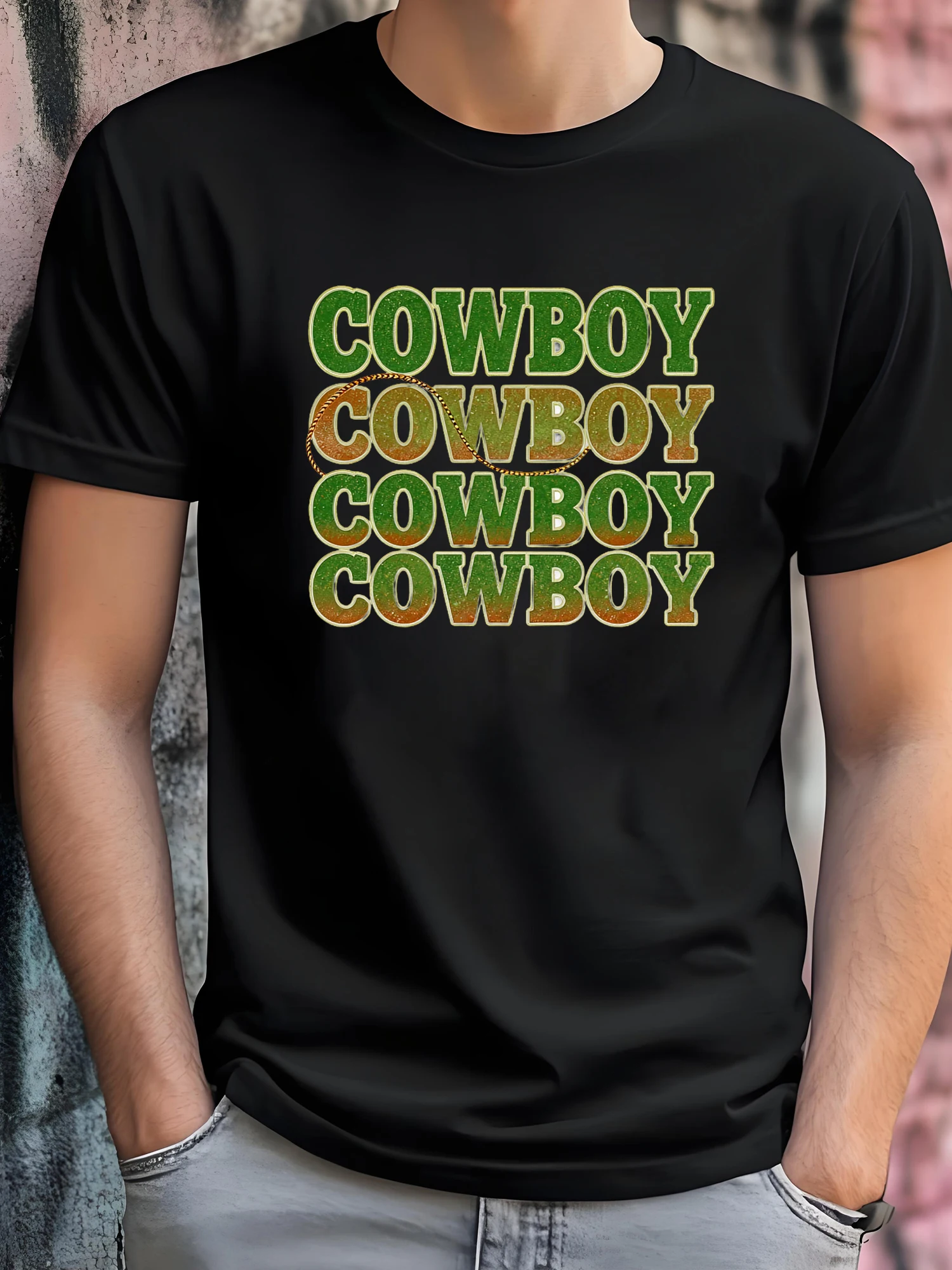 Four-Layer Overprint “COWBOY” Gradient Green-Brown Retro Lettering Black T-Shirt—Unisex Heavyweight Short-Sleeve American Western Country Style KT10029