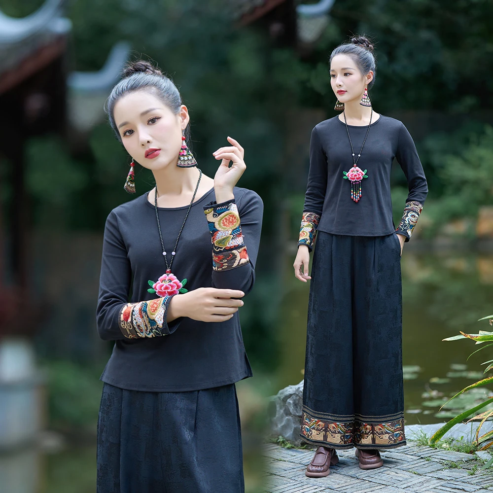 Autumn Winter Ethnic Style Miao Embroidery Casual Long Sleeve Overhead Super Slim Fit round Neck Base Layer T-Shirt