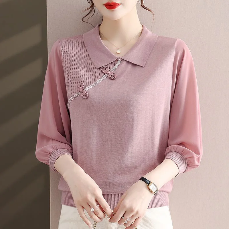 

Spring Summer New Chiffon Patchwork Knitting Pullovers Top 3/4 Sleeve Polo Neck Solid Sweaters Elegant Fashion Women Clothing