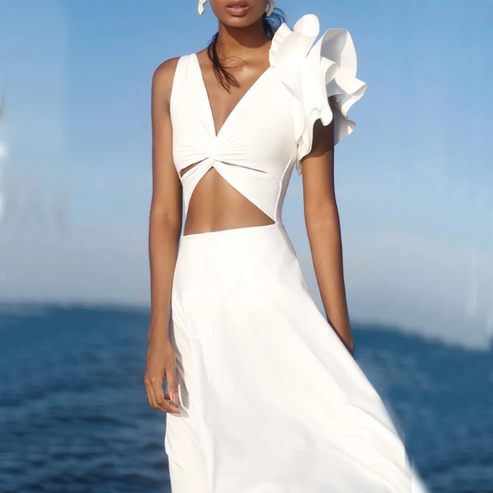 2023 Summer Elegant Swimwear White Maxi Dress Swimsuit Women Sleeveless Deep-V Neck Backless Female Party Gown Sexy Beachwear