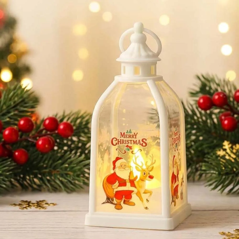 Warm Glow Christmas Lantern Vintage Shape Hanging Ring Xmas Night Light Printed Pattern Flame Effect LED Candle Lamp Xmas Party