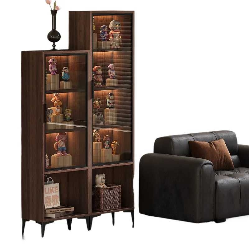 Medieval glass transparent figure display side cabinet, living room multi-layer shelves, narrow side storage