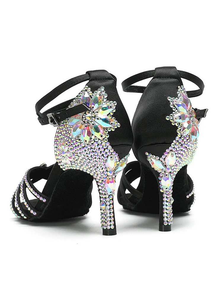 Zapatos de baile latino Salsa, diamantes de imitación de satén marrón y negro con tacones, zapatos de baile competitivos para mujer para fiesta