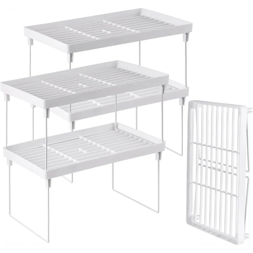 

nihome 4-pack stackable plastic kitchen storage shelf foldable rack - white kitchen cabinet organizer and storage shelves stacka