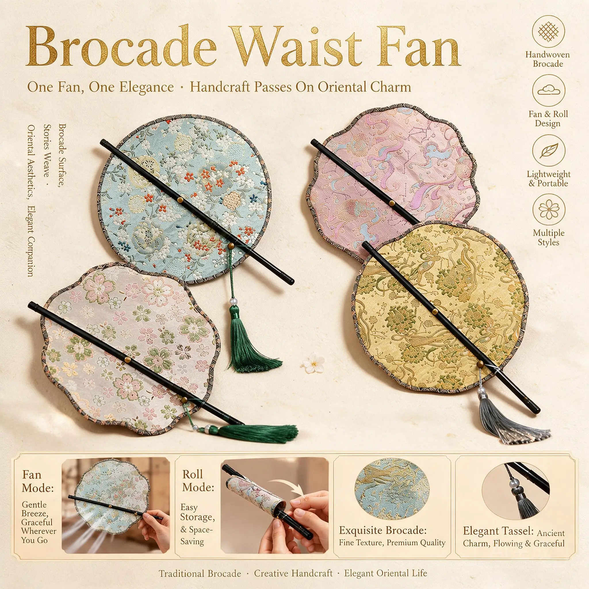Diy Handmade Chinese Brocade Waist Fan Making Kit Portable Rollable Purple Bamboo Handle Tassel Multiple Styles For Craft Gifts