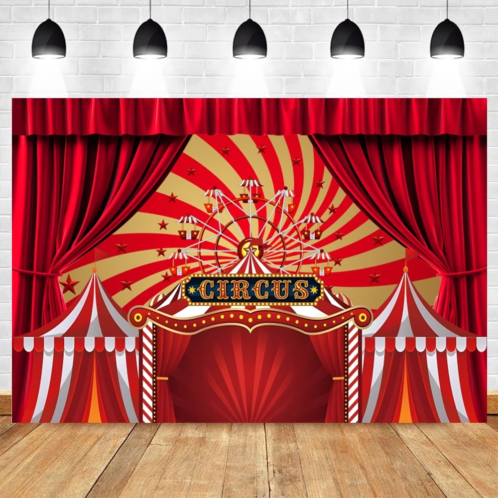 Red Circus Tent Backdrop for Carnival Night Theme Party Baby Shower Kid Birthday Red Curtain Balloon Star Photography Background