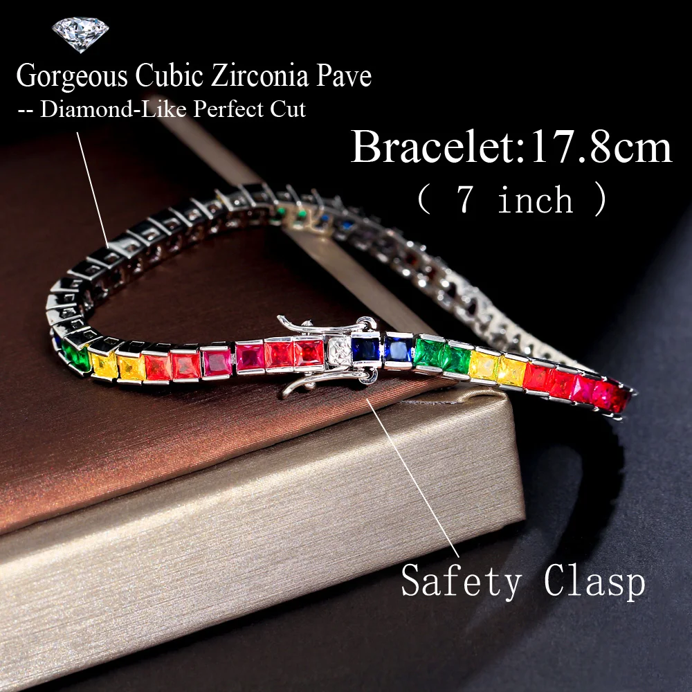 CWWZircons 2022 New Shiny 5A Cubic Zircon Fine Fashion Rainbow Colorful Iced Out Sqaure CZ Tennis Chain Bracelet for Women CB294