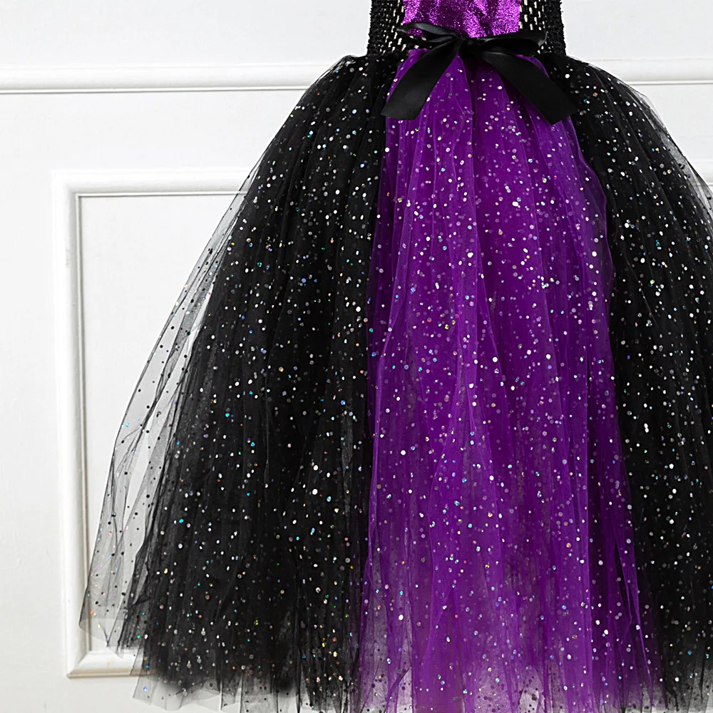 Girls Halloween Witch Costume Children Sequin Patchwork Color Mesh Puffy Dress Black Evening Clothes Carnival Scary Vestidos