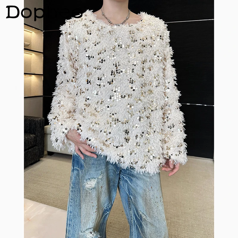 

Men's 2025 Autumn New High-End Trendy Knitted Tops Fashion Small Fragrant Sweaters Sequin Feather Pullover Sweatshirt Knitwears