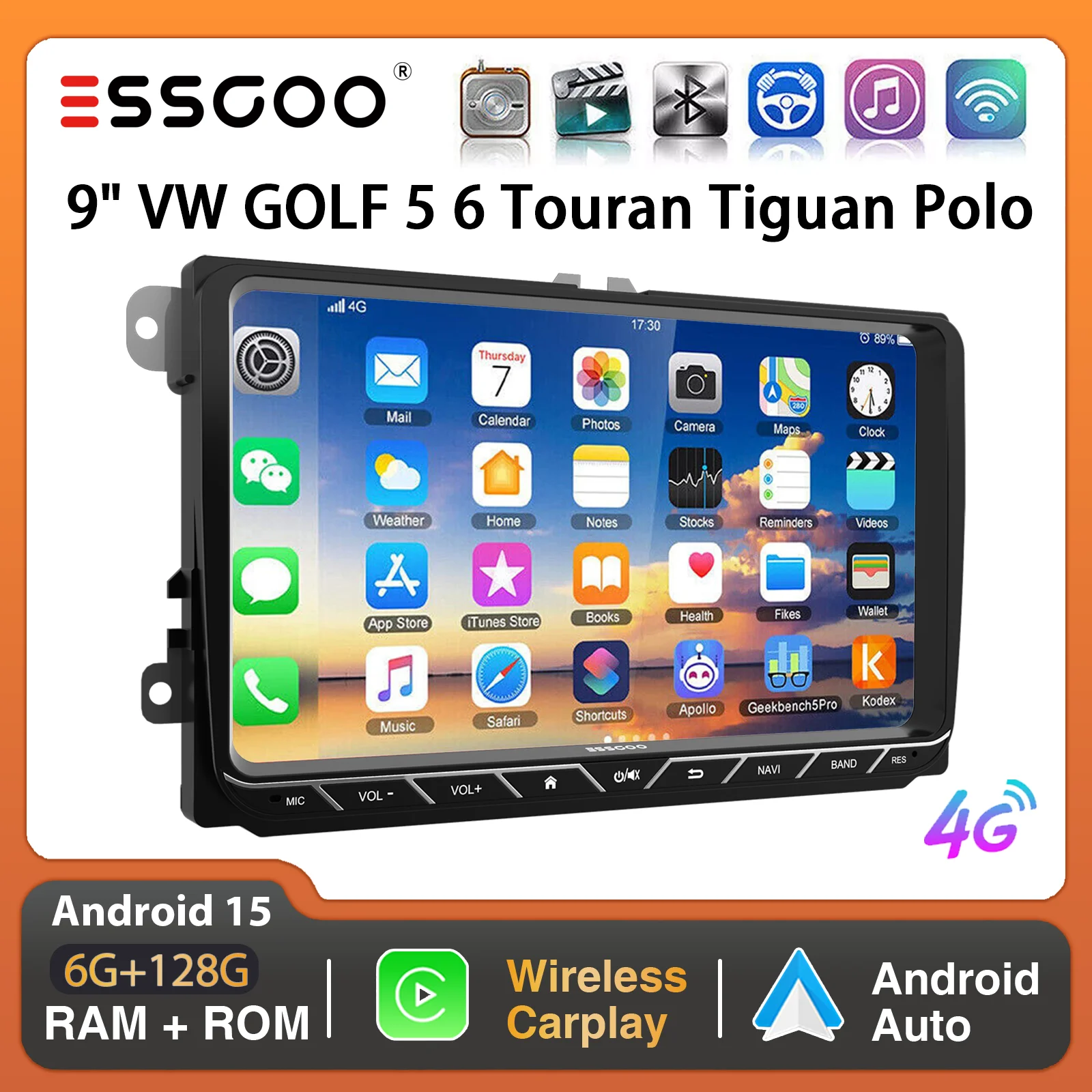 ESSGOO 9-Zoll Android 15 6+128G Carplay Autoradio 4G Carplay GPS-Navigation für VW GOLF 5 6 Touran Tiguan Polo Passat Tiguan Jetta