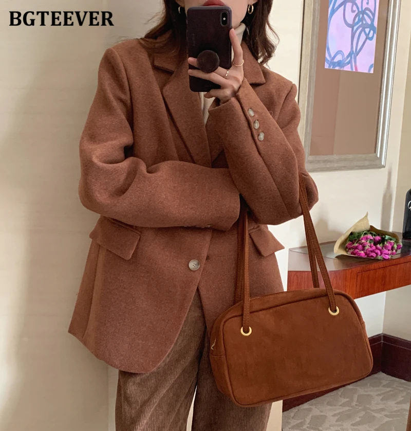 BGTEEVER Chic Vintage Long Sleeve Pockets Women Solid Woolen Blazer Jackets Winter Stylish Double Breasted Ladies Suit Coats