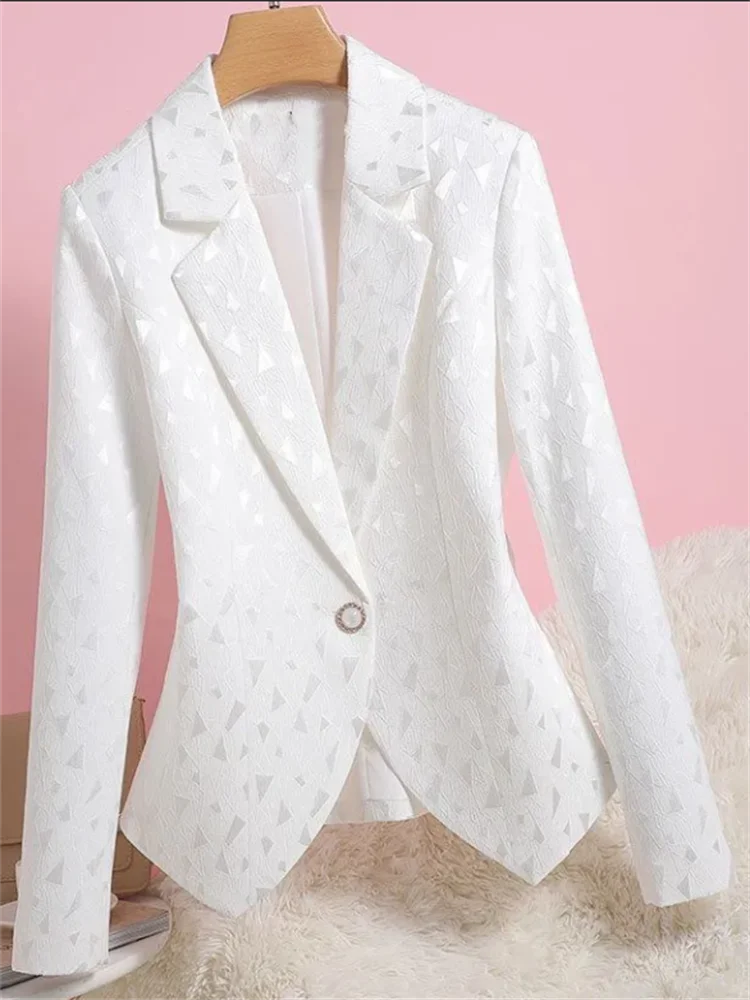 Blazer en jacquard imbibé de diamants pour femmes, manteau mince, vêtements d'extérieur, veste combinée, vêtements blancs, simple, bureau, dames, printemps, automne