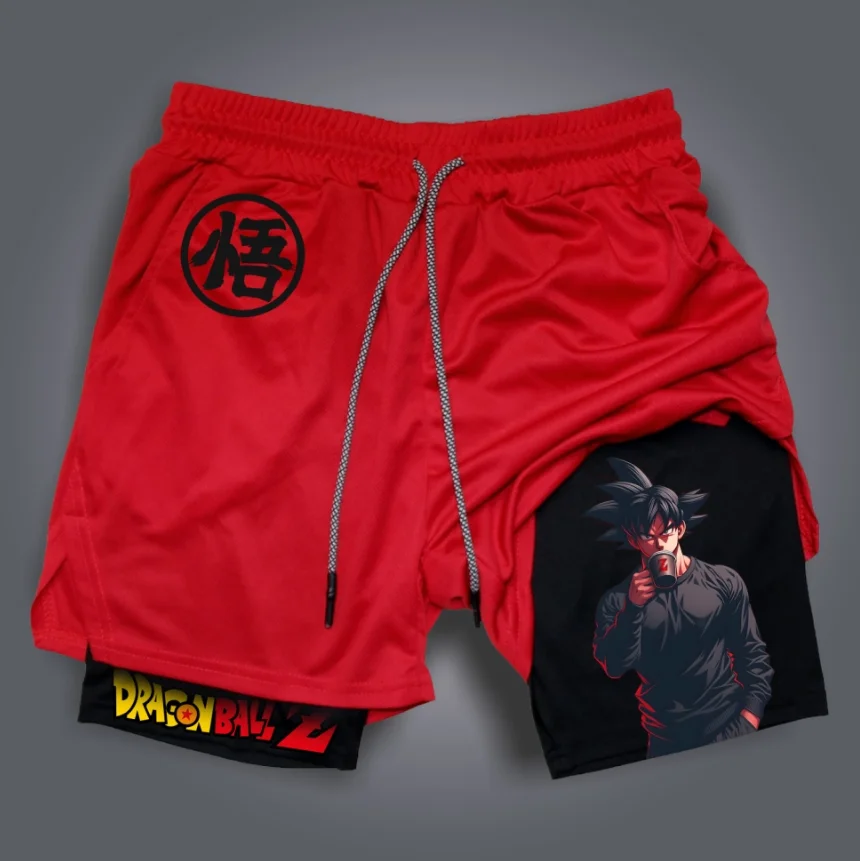 Męskie szorty letnie Dragon Ball, sportowe, oddychające, odprowadzające pot, dwuwarstwowe, streetwear z nadrukiem postaci z anime.