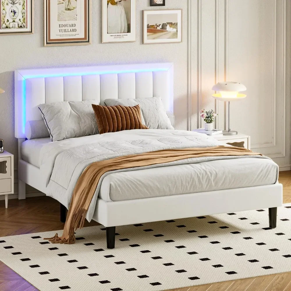 Groot LED-bedframe, modern gestoffeerd platformbedframe met LED-lichthoofdeinde, mooie bedden