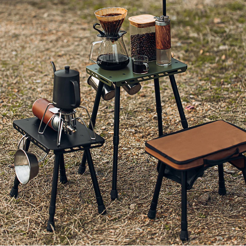 

mutil-use stool and desk camping aluminuim alloy telescopic adjustable tatical stool 3 colors with storage bag and seat cushion