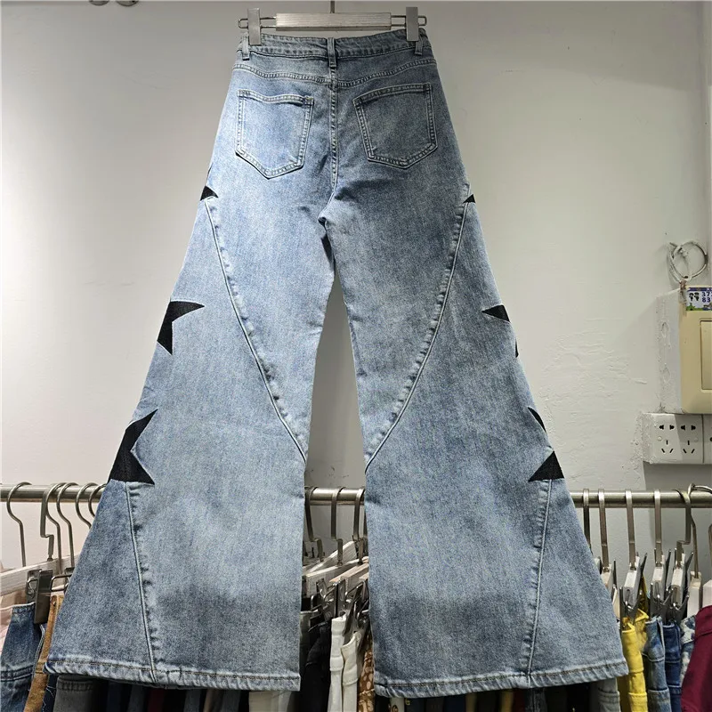 American-style High Street Spice Girls Five-pointed Star Embroidery Denim Trousers All-match Autumn High Waist Blue Flare Jeans