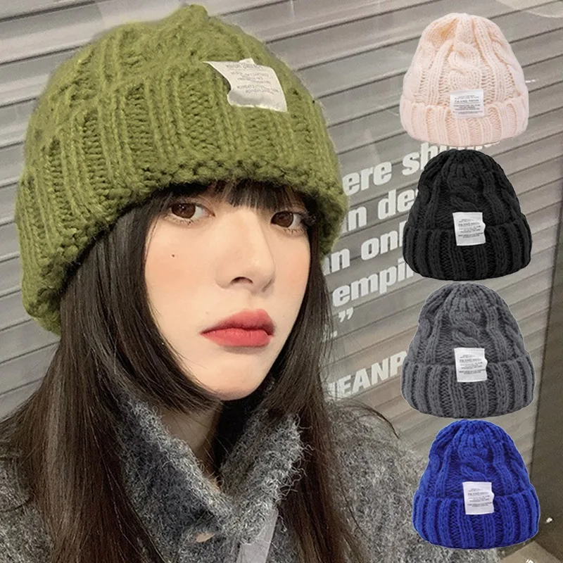 Winter Knitted Hat Unisex Solid Color Warm Soft Hat Korean Coarse Wool Knitted Beanies Men Women Multicolor Elastic Skullies Cap