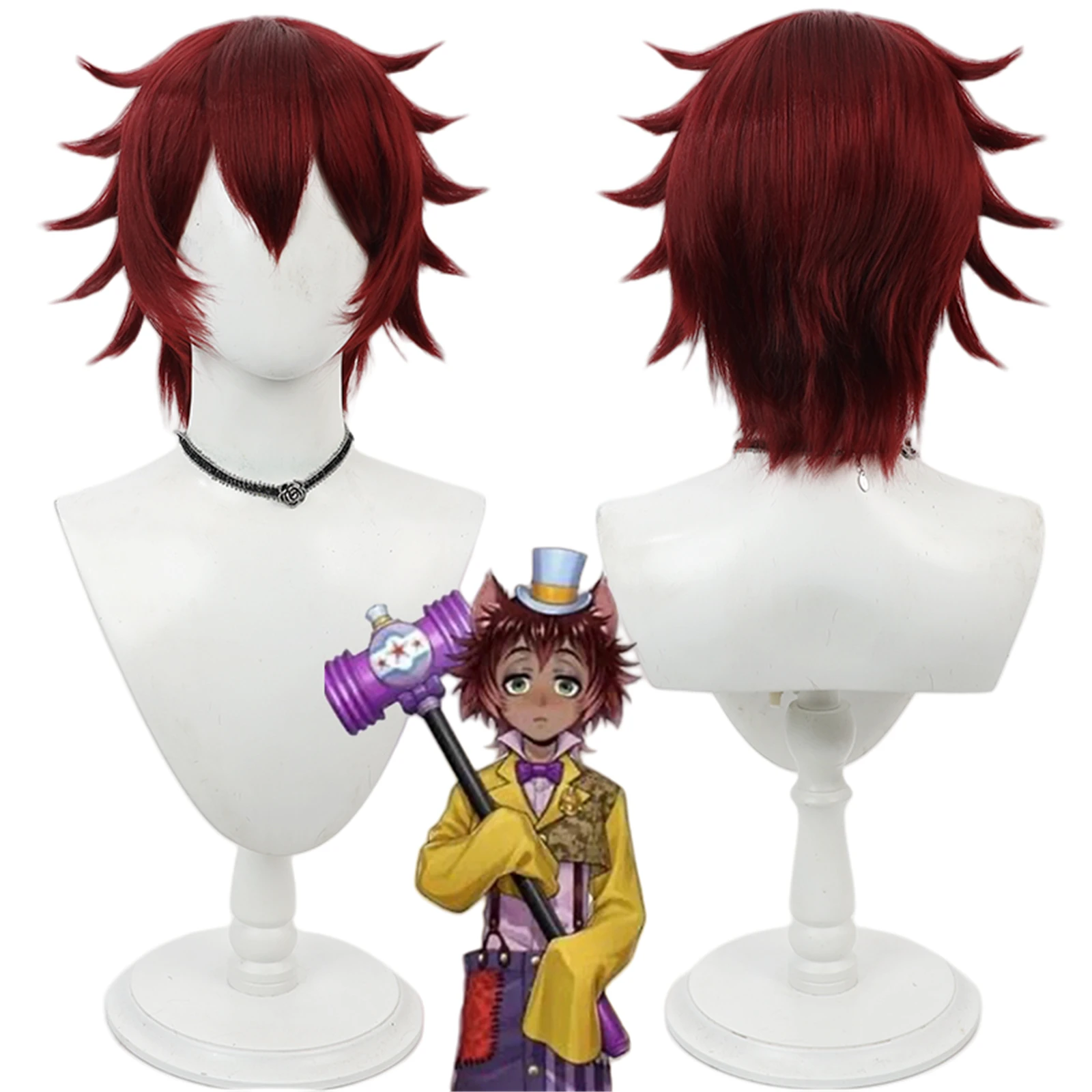 

Gidel Cosplay Wig Wine Red Short Hair Heat Resistant Synthetic Wigs Halloween Party Prop