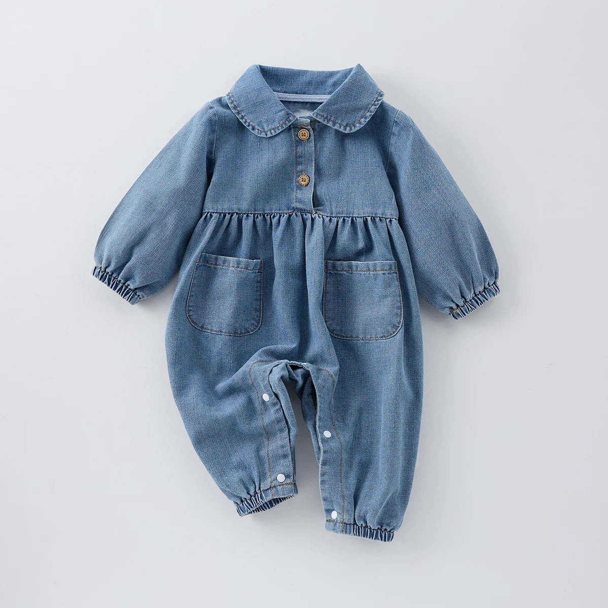 

Spring boys and girls baby doll collar denim jumpsuit pocket casual denim jacket crawl suit