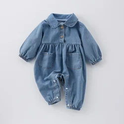 Spring boys and girls baby doll collar denim jumpsuit pocket casual denim jacket crawl suit