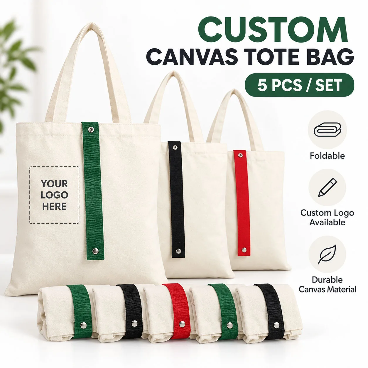 5PCS Personalized Logo Canvas Tote Bags Custom Foldable Shopper Bag Reusable Promotional Shopping Bags Wholesale Bulk Order