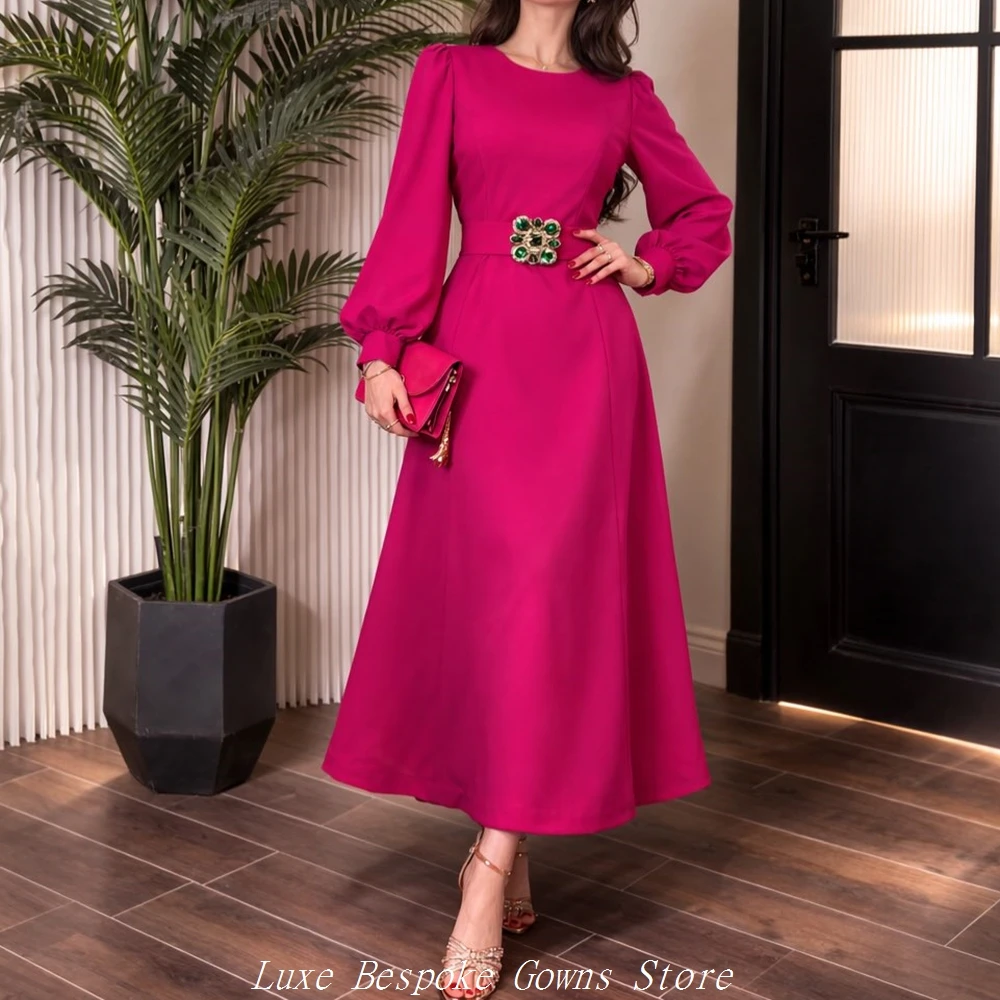 

Women's A-line Evening Dresses Tea-length O-neck Full Sleeve Prom Dresses Fashion Crystal Sashes Simple Draped Customized Gowns