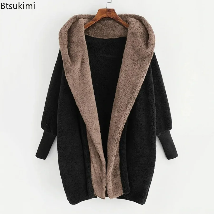 

New 2024 Women's Winter Thicken Warm Wool Fleece Coats Long Sleeve Fake Fur Hooded Jackets Female Fluffy Plush Loose Overcoat