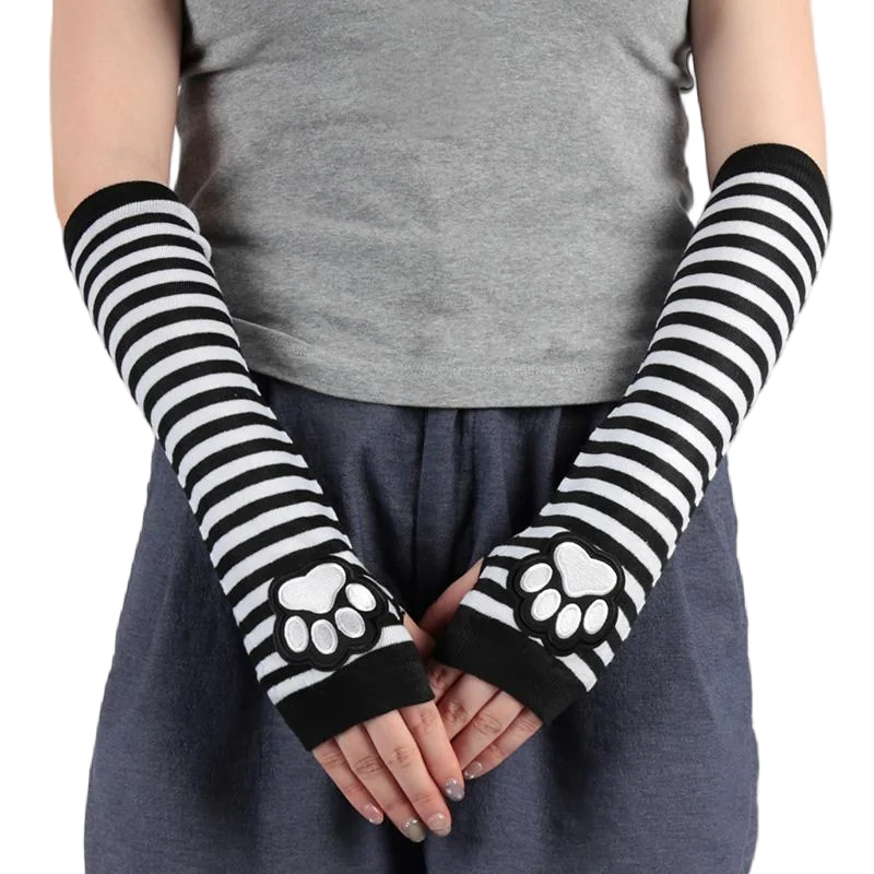 Unisex Schwarze Fingerlose Handschuhe Y2K Gothic Lolita Armwärmer Niedliche Katzenkrallen-Pfoten-Wärmer Gestreifte Ärmelhandschuhe Lange Röhrenhandschuhe für Frauen – Detail 2