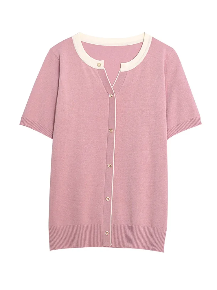 

2024 Summer Short Sleeve Ice Silk KnitT-shirt Sweater Women's Vintage Fashion Peals Beading Loose Fashion Knitwear Tops Tees
