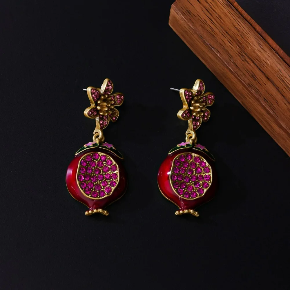 Retro Palace Pomegranate Full Rhinestone Earrings Medieval Niche Fashion Simple Heavy Industry Enamel Flower Stud Earrings
