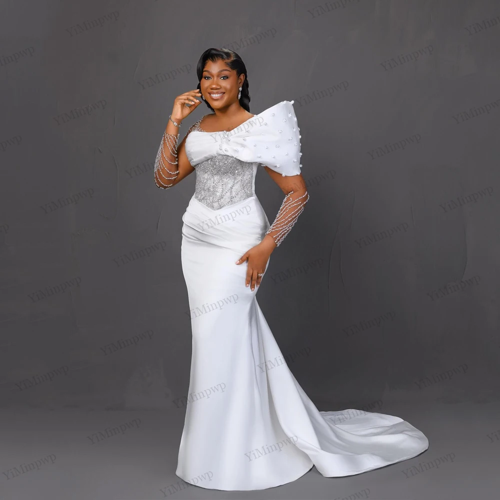 

Customized African Satin Wedding Dress Elegant Crystal Beaded Luxury Bride Gowns 2026 Illusion Sleeve Mermaid Sweep Train