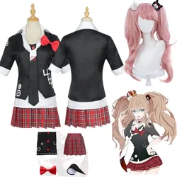 Anime danganronpa enoshima junko cosplay traje uniforme café roupas de trabalho saia curta cauda dupla trança peruca traje do dia das bruxas