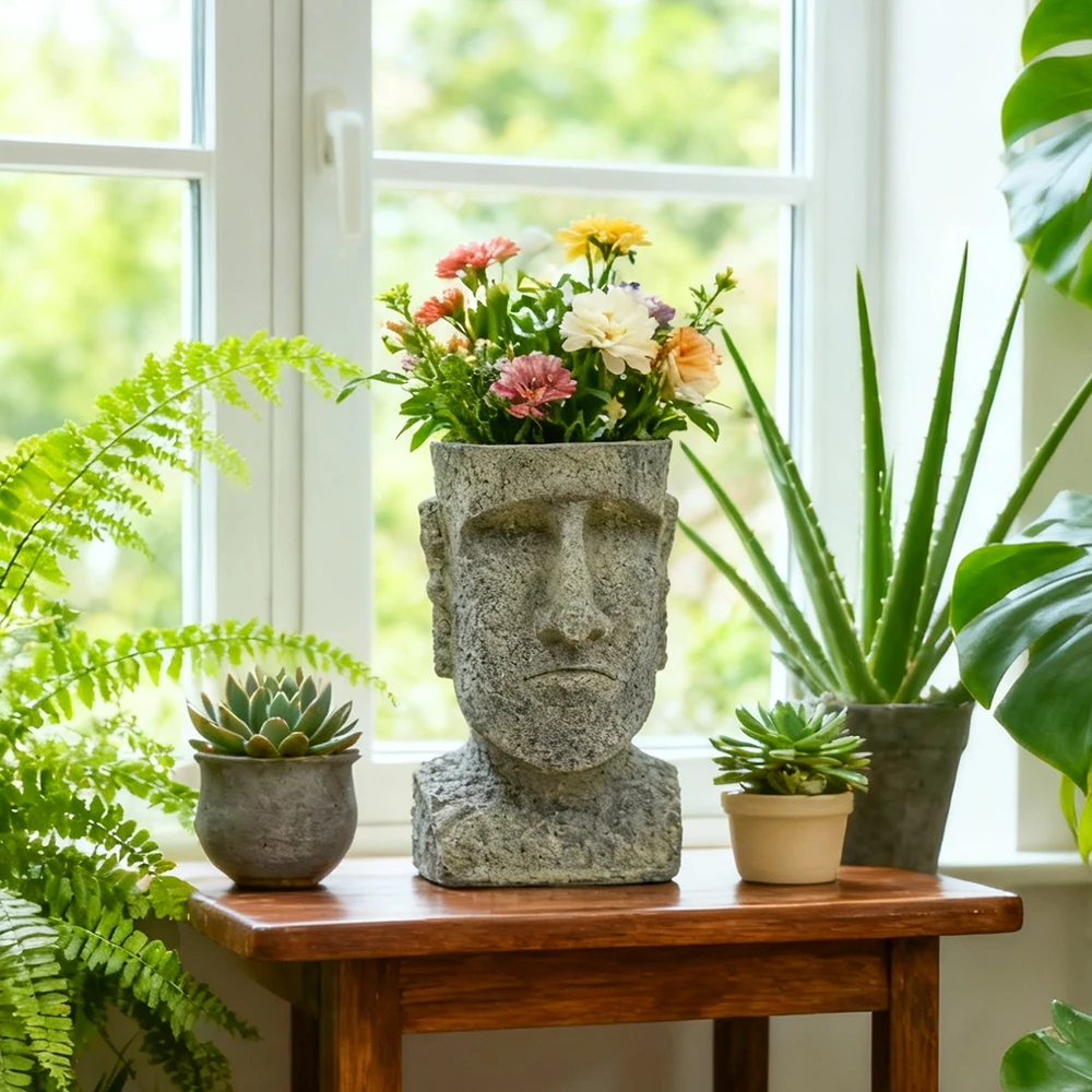 Artistic Plant Container Gray Abstract Face Pot Resin Construction Stone Face Pattern Lifelike Facial Expression