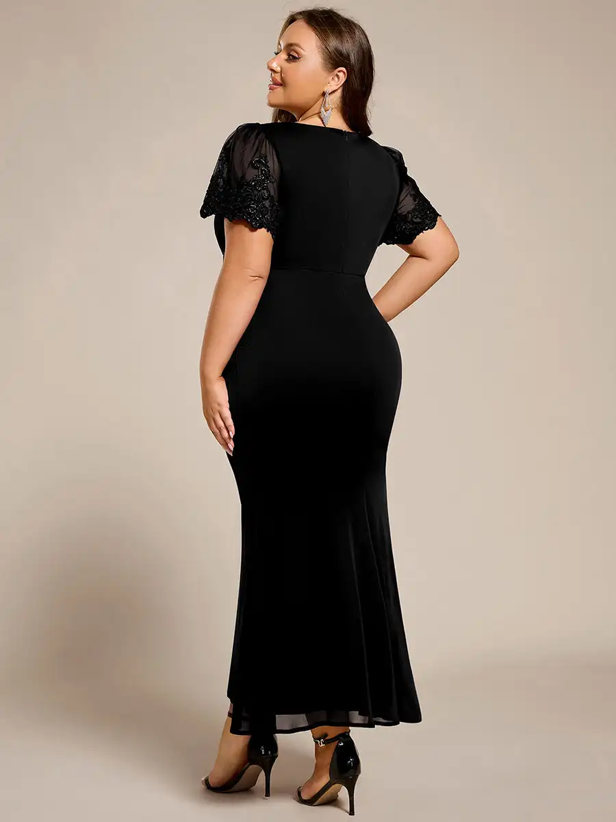 Abiti da sera eleganti Manica corta Scollo a V Lunghezza pavimento 2025 Ever Pretty of Black Fishtail Bead Detail Abito da sera formale