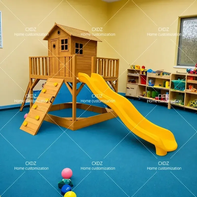 Wooden Tree House with Climbing Frame and Large Slide Outdoor Playset for Kids Community Playground Combination Game House