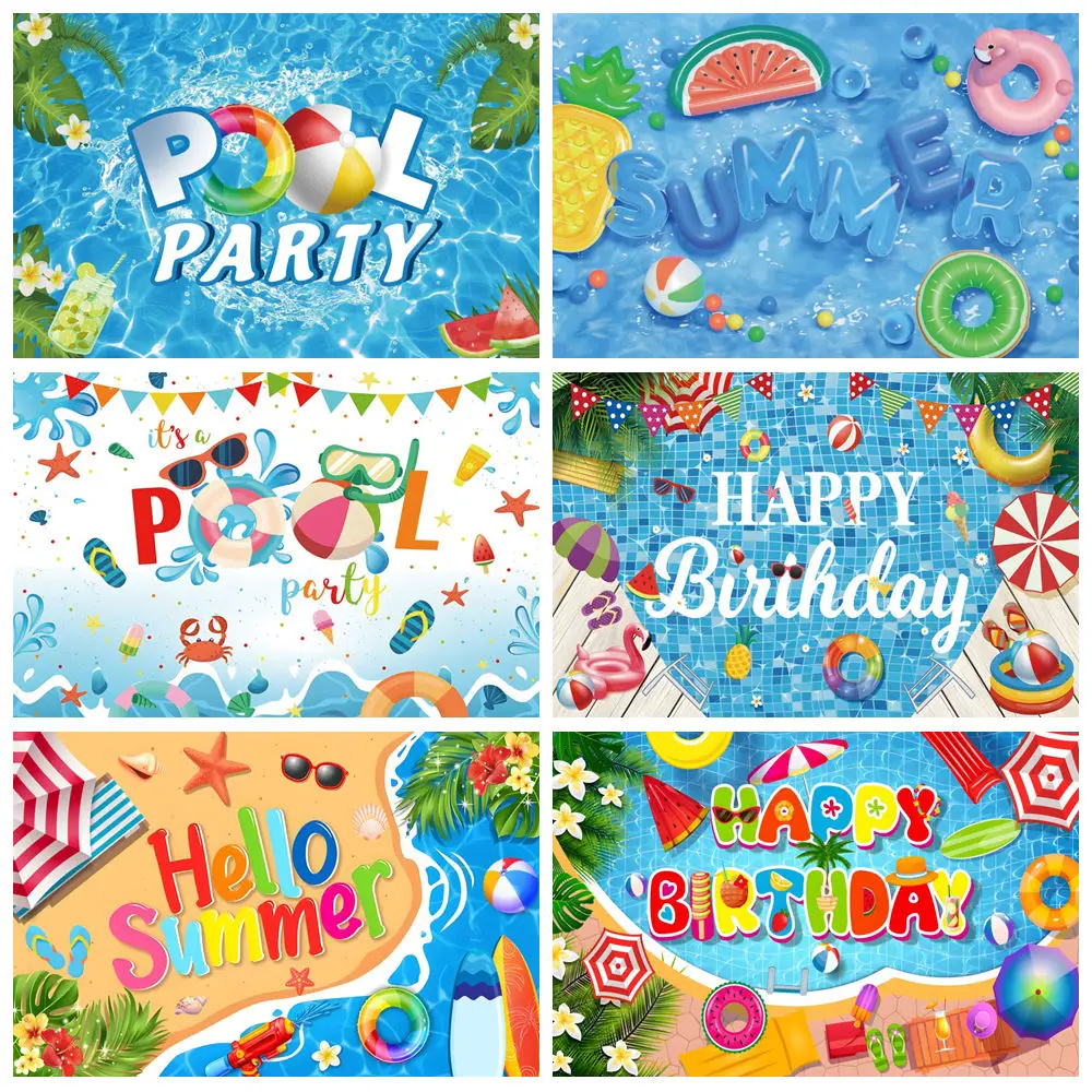 

Summer Pool Party Backdrop Hawaiian Swimming Beach Ball Lifebuoy Kid Portrait Baby Birthday Holiday Photography Background Decor