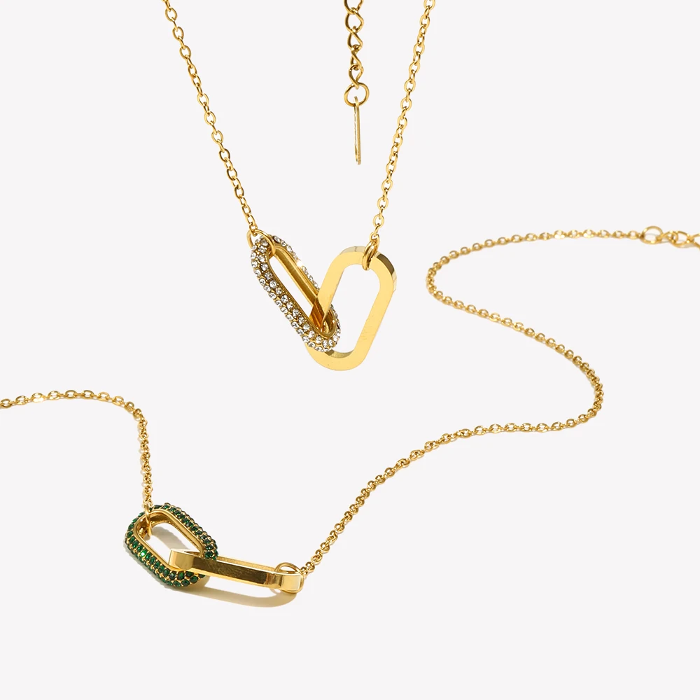 E.B.belle Micro Set Rhinestone Green Pink Paper Clip Link Pendant Necklace For Woman Stainless Steel Necklace Jewelry For Party