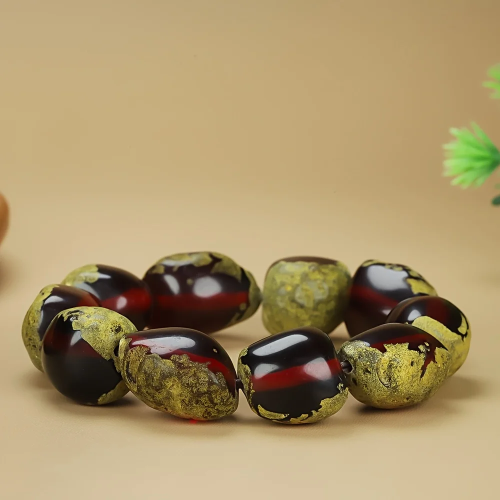 

Retro Resin Bead Bracelet - Oval Red and Black Marble Pattern Beads, Lucky Treasure, Auspicious, Handmade