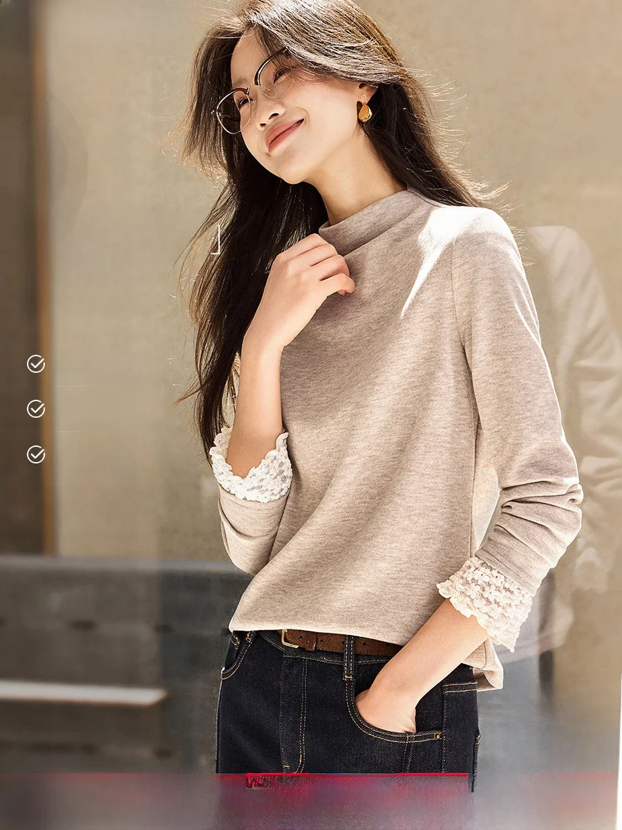 

Mo Han Mei Base Layer irt Thi Long Sve Patchwork Fce Feel Winter Casual Sle Women's T-irt Color Blo Design