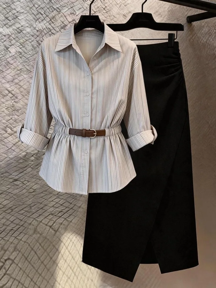 

Elegant plus Size Women's Summer Outfit High Waist Midi Skirt Striped Shirt Slimming Tummy Covering Set Fashionable Korean Style