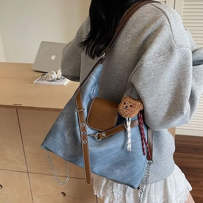 Retro Chain Belt Decor Tote Bag Women Large Capacity Color Block Multi Functional Backpack Ladies Fashion Commuter Crossbody Bag
