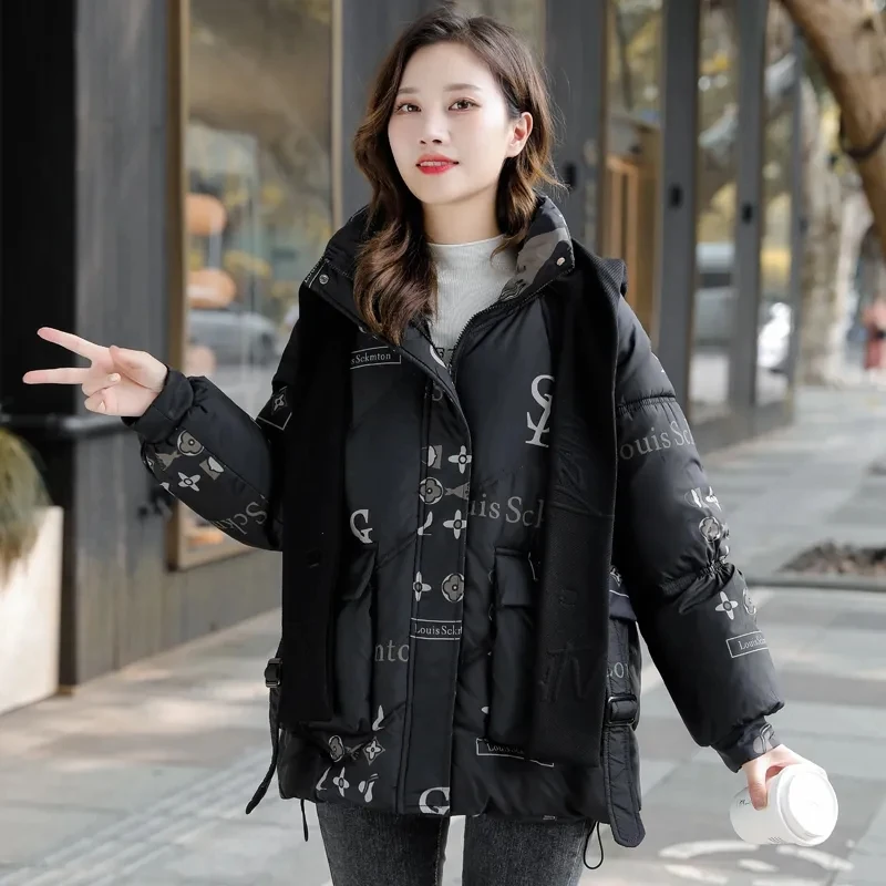 2023 Winter New Women\'s Down Cotton Coat Hooded Print Warm Korean Fashion puffer Loose Parka Thick jacket Female Student Outwear