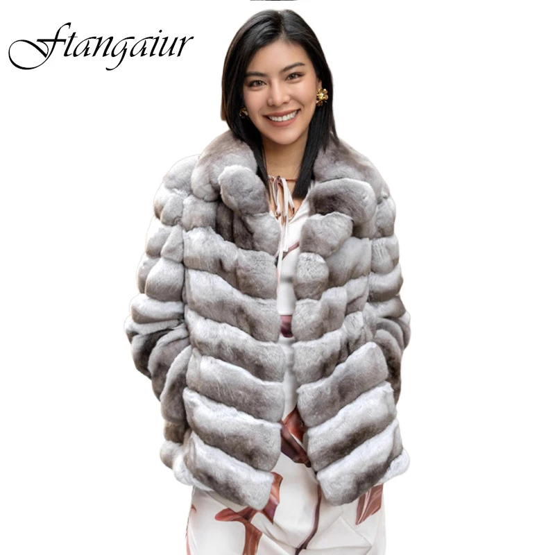 Ftangaiur Winter Import Cyan Blue Chinchilla Coat Turn-Down Collar Women Upscale Short Natural Color Chinchilla Fur Coats