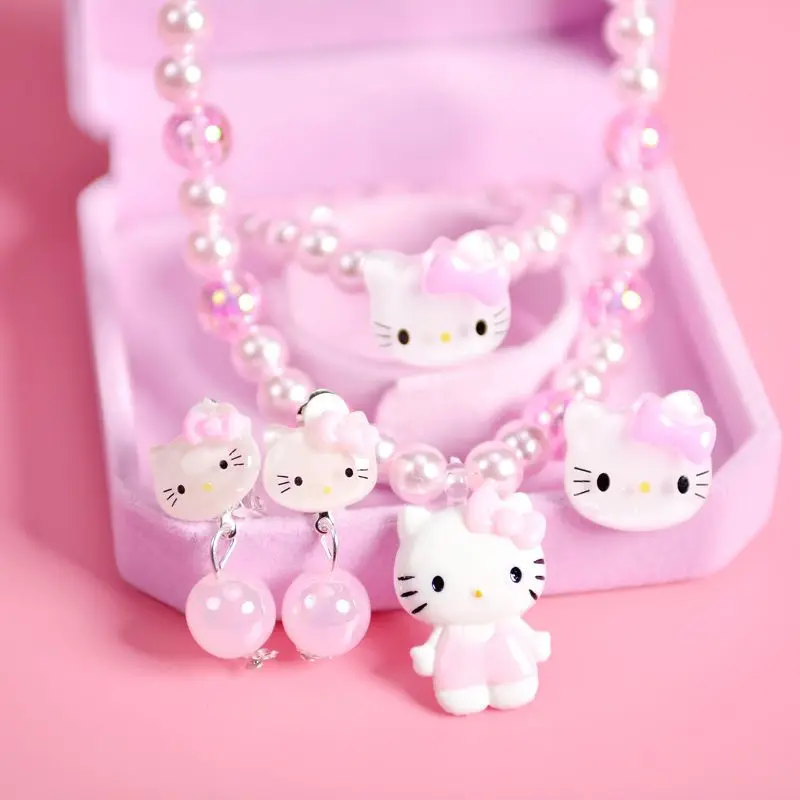 Sanrio Hello Kitty Children\'s Cartoon Necklace Bracelet Ear Stud Ring Set Girl Princess Head Ornament Earring Clip