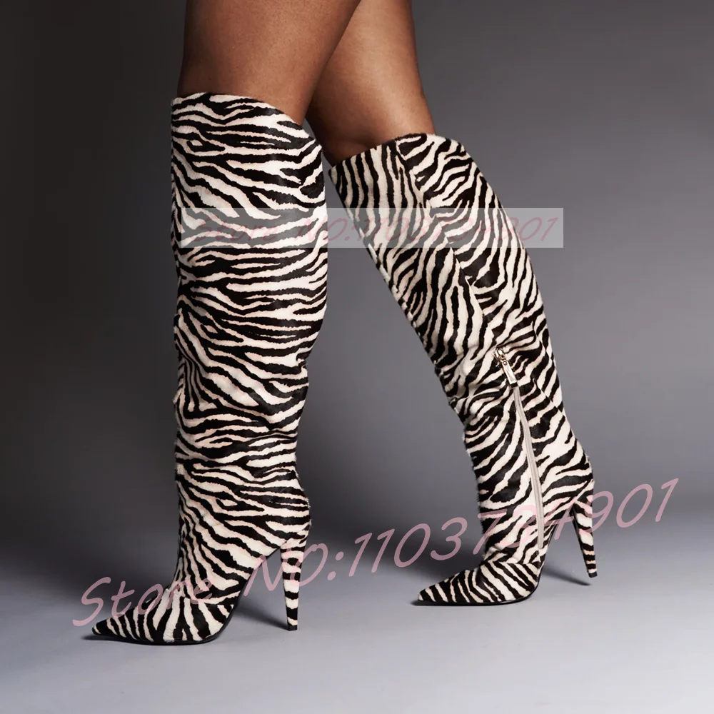 

Zebra-Print Horsehair Knee High Boots Women Trendy Wide Fit Zipper Pointed Toe Stiletto Heels Boots Ladies Luxury Big Size Boots