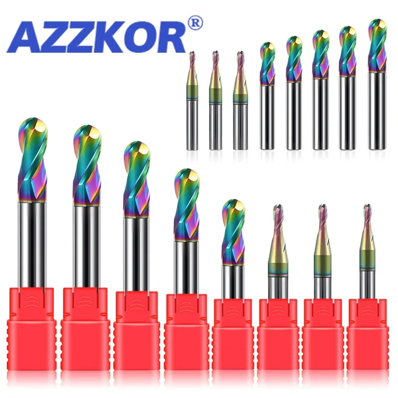 AZZKOR R0.5-R6.0mm 11-Piece-Set Tungsten Steel Ball Nose Milling Cutter HRC55 2-Flute Colorful Coating CNC Machining Tools