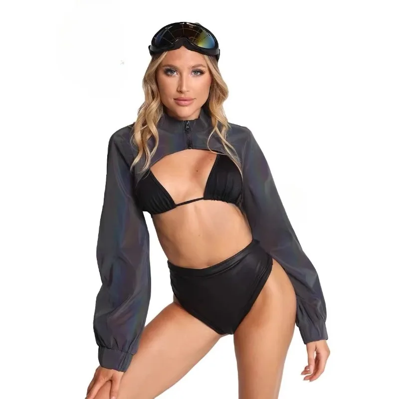Shimmer Glow Reflective Colorful Long Sleeve Overlay Top Music Festival Nightclub Stage Performance Show Party Costume Women