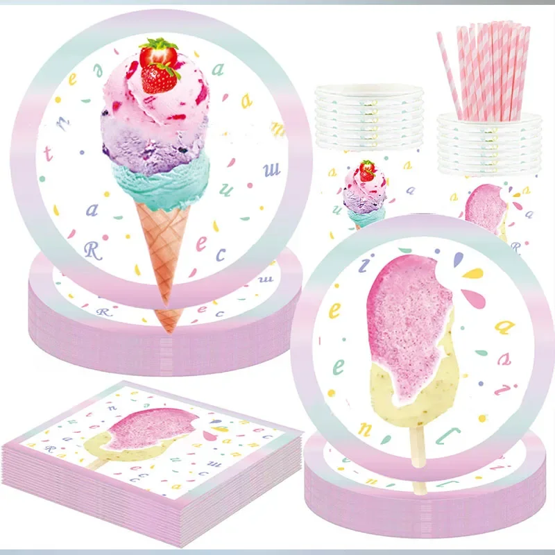 10Guests Ice Cream Party Disposable Tableware Pink Popsicle Plates Cups Napkins Girls Happy Summer Dessert Birthday Party Decor